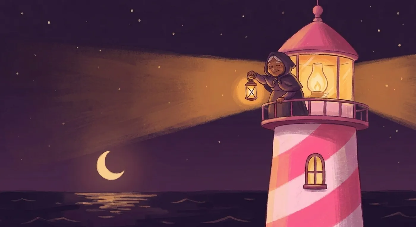 Old Mother Wick lighting the first lamp at the top of the pink lighthouse