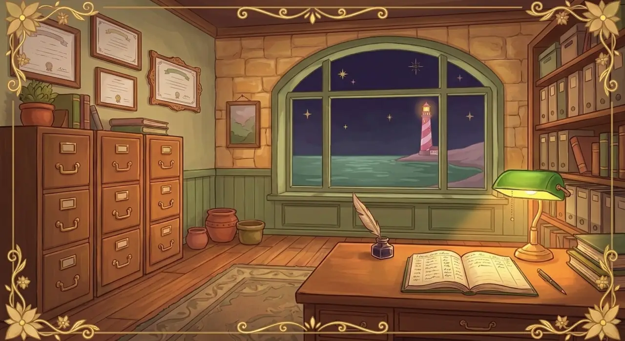 The keeper's office interior — a green banker's lamp over an open ledger, quill and ink, filing cabinets and the sea through an arched window