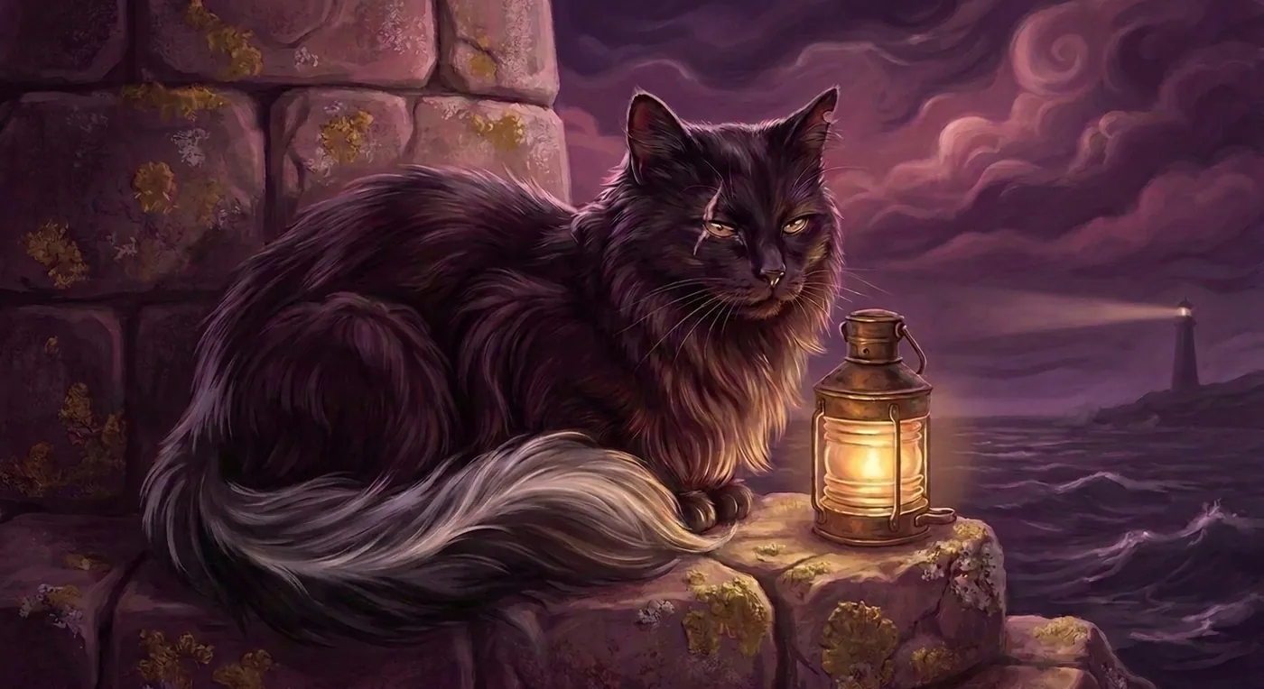 Smudge, the keeper's cat, curled beside a lit lantern on the harbour wall as a storm rolls past the lighthouse