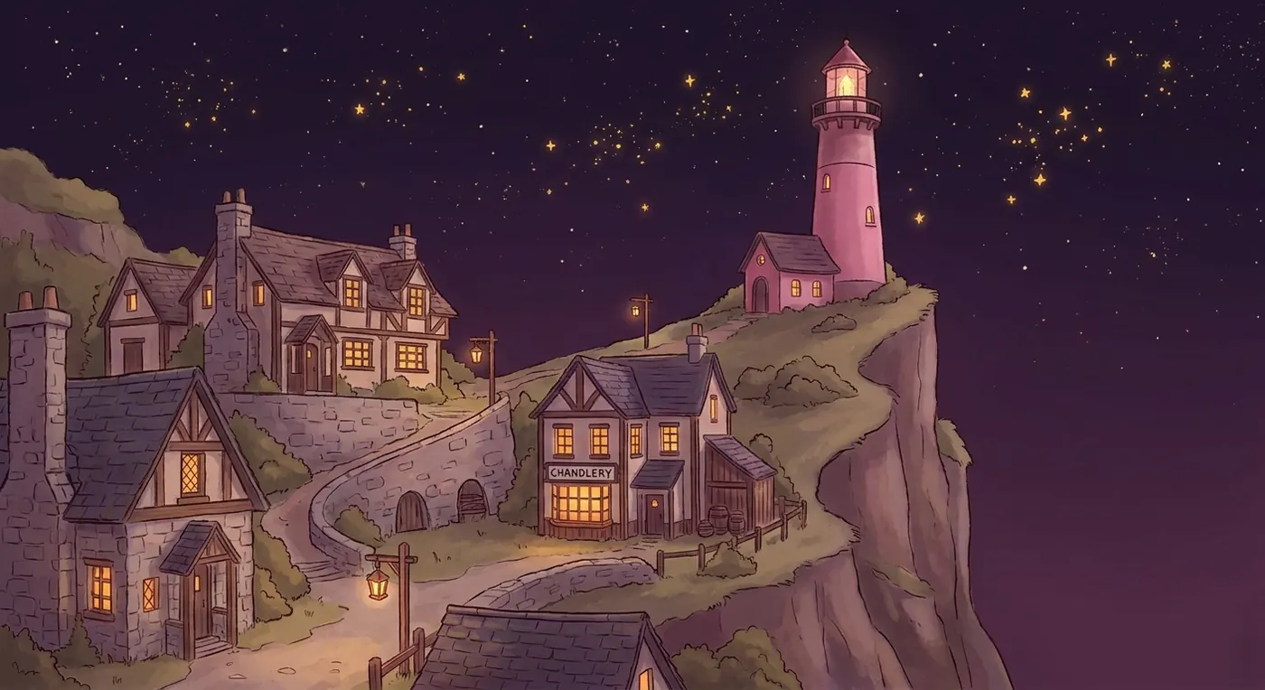 Tidewick village growing along the headland, cottages and chandlery under the lighthouse