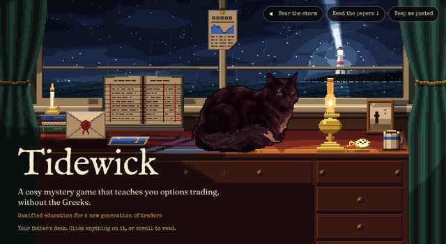 The Tidewick website: the father's desk at night, with Smudge, the lamp and the storm